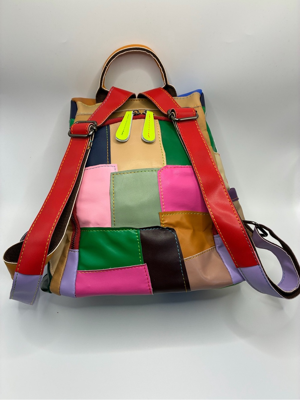 Colorblock Patchwork Leather Backpack - Multicolor - Picture 2 of 4
